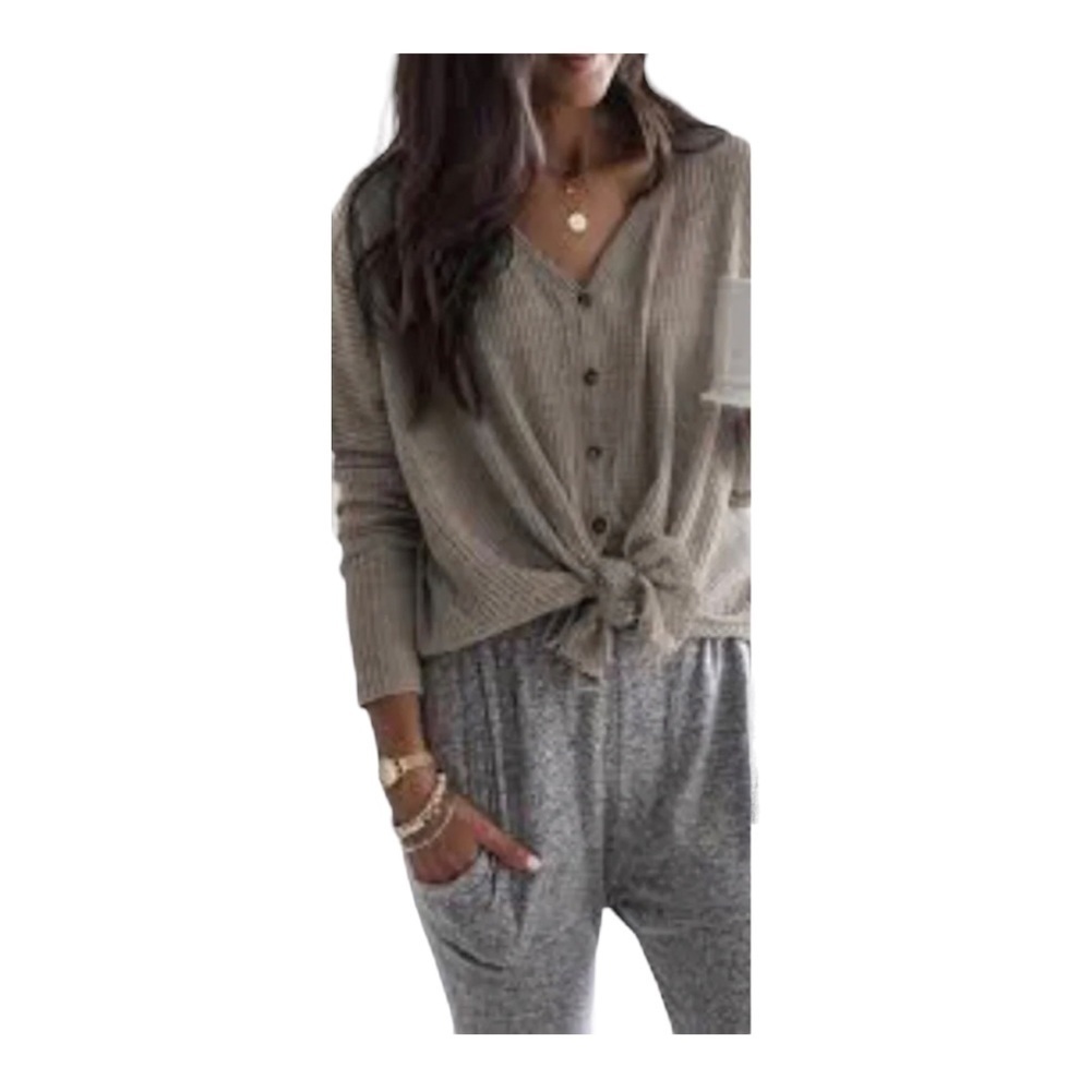 𝅺WALKING On Sunshine Grey Waffle Knit Front Tie Cardigan Sweater Size M